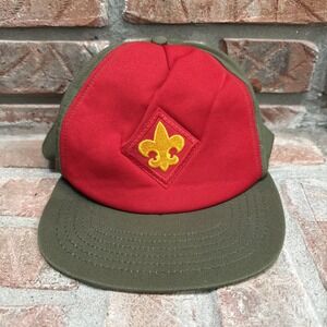 Vintage‎ Boy Scouts BSA Cap Hat Olive Green & Red Snapback Made In USA M/Large